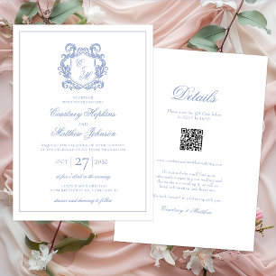 Elegante Invitación de Boda Monograma Cresta Azul 