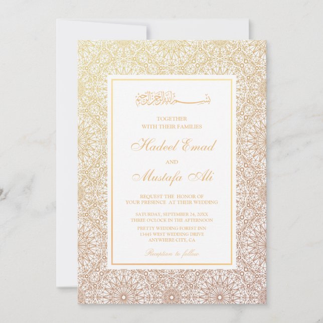 Elegante invitación de boda musulmana dorada (Anverso)
