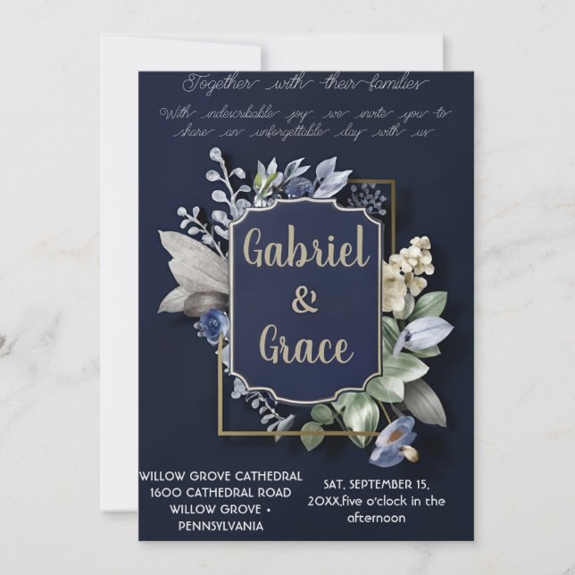ELEGANTE INVITACIÓN DE BODA NAVY GOLD CLASSIC (Anverso)