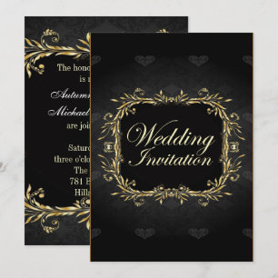 Elegante Invitación de Boda Negra con Dorado Regal