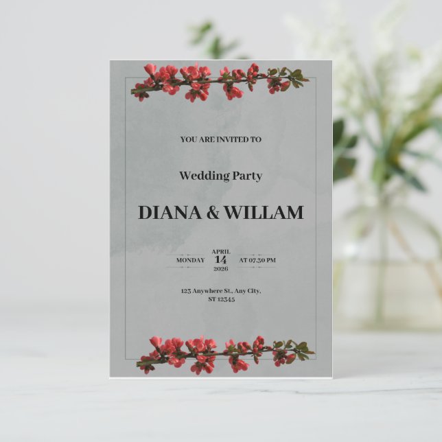 Elegante invitación de boda negra con flores rojas (Anverso de pie)