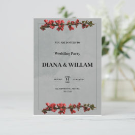 Elegante invitación de boda negra con flores rojas