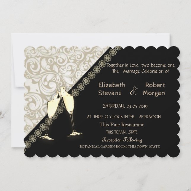 Elegante Invitación de Boda Negra, Damask (Anverso)