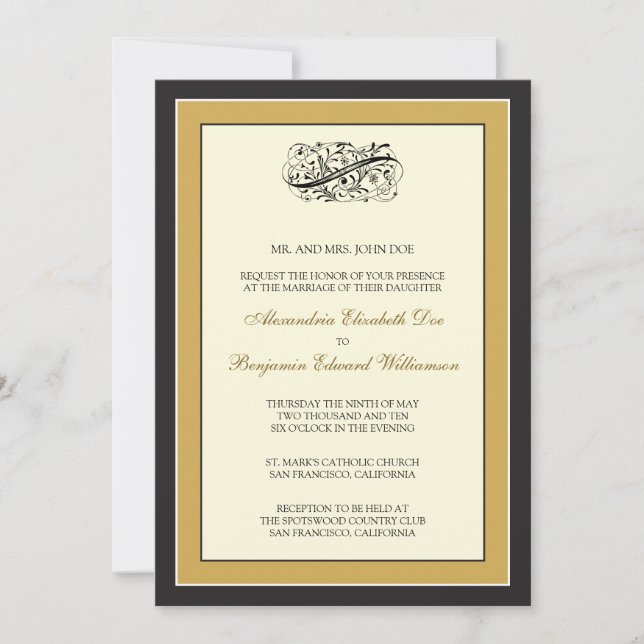 Elegante invitación de Boda Negra/Oro 5x7 (Anverso)