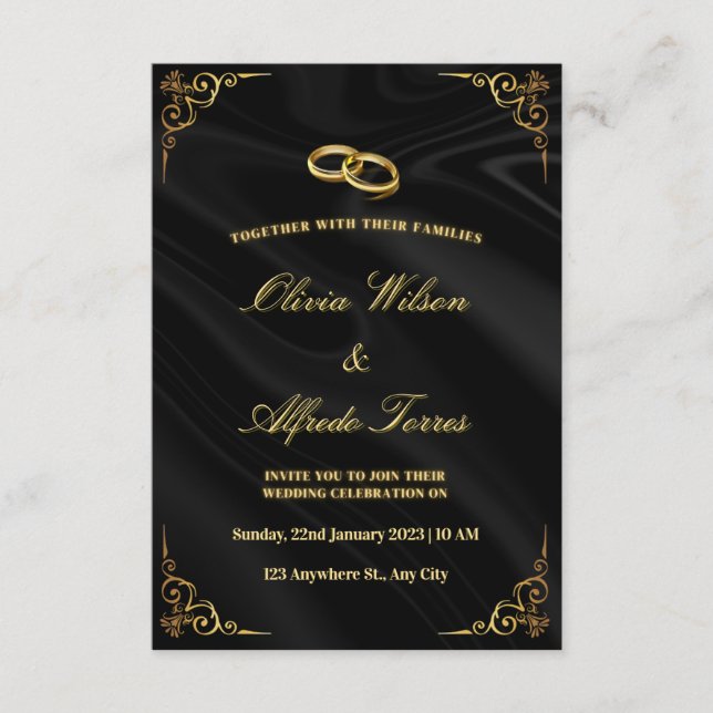 Elegante Invitación de Boda Negra y Dorada (Anverso)