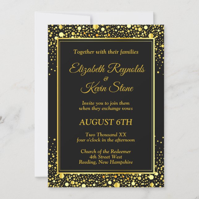 Elegante invitación de boda negra y dorada (Anverso)