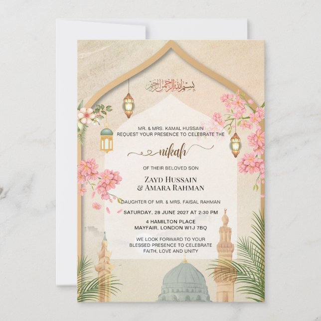 Elegante invitación de boda Nikah de Masjid An-Nab (Anverso)