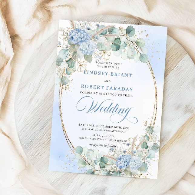 Elegante Invitación de Boda Oval de Trigo Azul Hyd (Elegant Blue Hydrangea Wheat Gold Oval Wedding Invite)