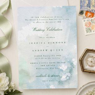 Elegante Invitación de Boda Paisaje Acuarela Azul 
