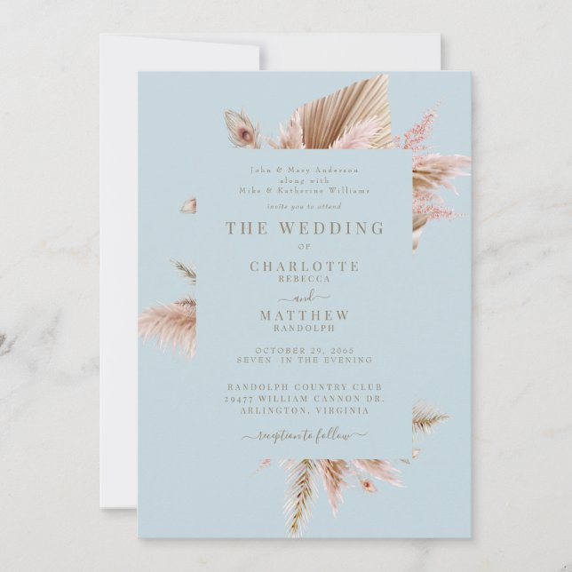 Elegante Invitación de Boda Pampas Menta (Anverso)