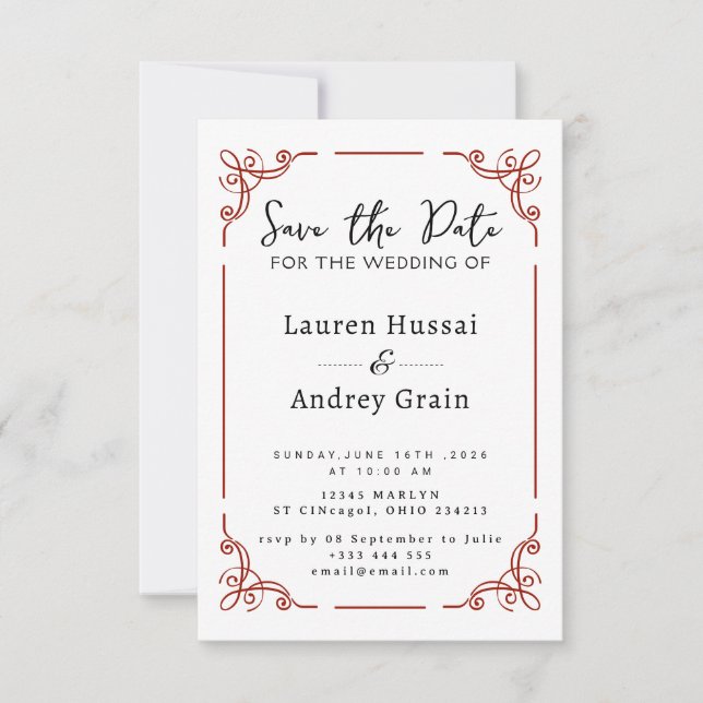 Elegante Invitación de Boda para Guardar la Fecha (Anverso)