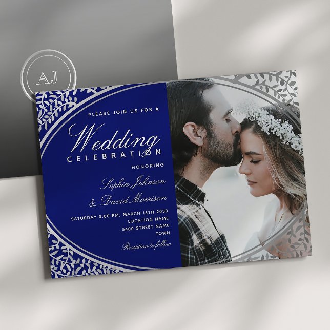 Elegante Invitación de Boda Real Azul con Foto (Subido por el creador)