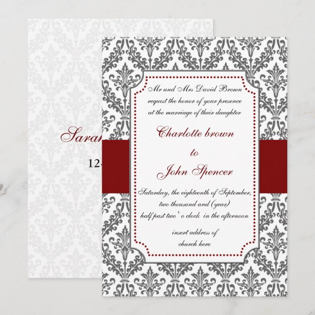 elegante invitación de boda roja, damasco (Anverso / Reverso)