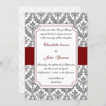 elegante invitación de boda roja, damasco