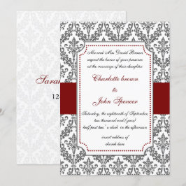 elegante invitación de boda roja, damasco
