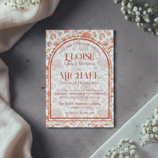 Elegante Invitación de Boda Roja Terracota con Toi (Elegant Floral Toile Script Terracotta Red Wedding Invitation)
