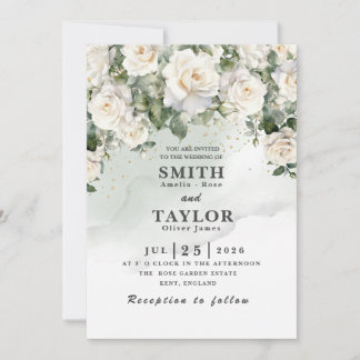 Elegante Invitación de Boda Rosa Blanca con Verde