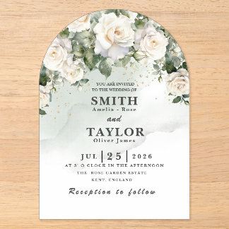 Elegante Invitación de Boda Rosa Blanca con Verde