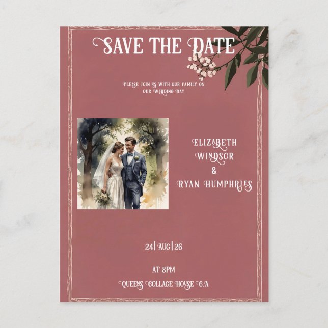 Elegante Invitación de Boda Rosa con Foto (Anverso)