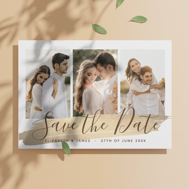 Elegante Invitación de Boda Save The Date con 4 Fo (4 photo Elegant Save the Date Wedding Invitation - Bohemian, gold
)