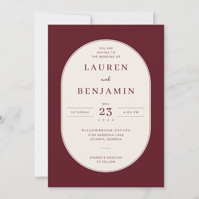 Elegante Invitación de Boda Serif de Color Granate (Anverso)