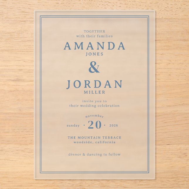 Elegante Invitación de Boda Tipográfica Azul (Anverso)