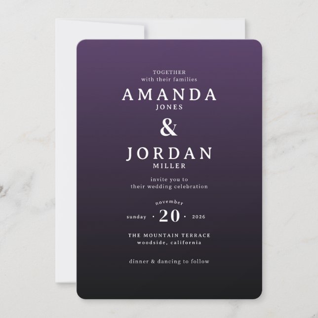 Elegante Invitación de Boda Tipográfica Morada (Anverso)