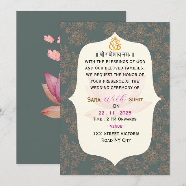 Elegante Invitación de Boda Tradicional India  (Anverso / Reverso)