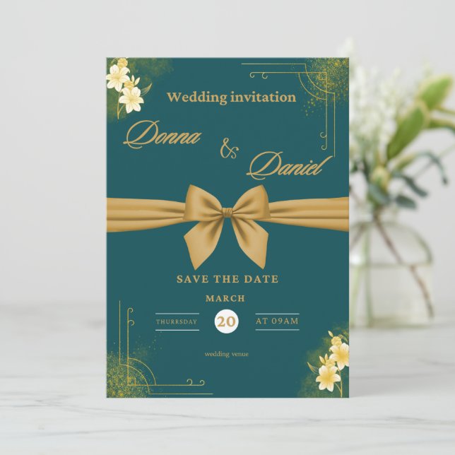 Elegante Invitación de Boda Verde y Oro con Flora (Anverso de pie)