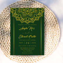 Elegante Invitación De Boda Verde Y Oro Mandala
