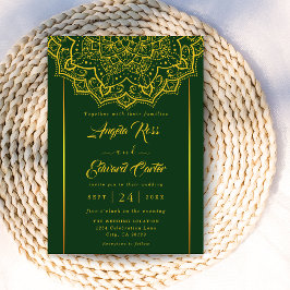 Elegante Invitación De Boda Verde Y Oro Mandala