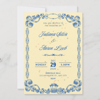 Elegante Invitación de Boda Vintage Azul Real