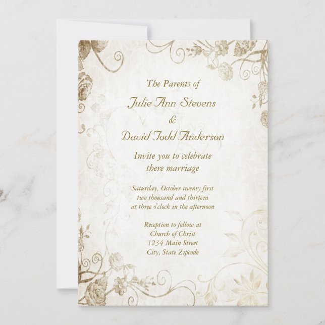 Elegante Invitación de Boda Vintage de Oro Antiguo (Anverso)