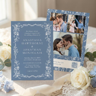 Elegante Invitación de Boda Vintage en Azul Polvor