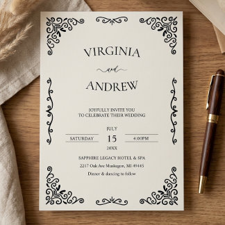 Elegante Invitación de Boda Vintage en Blanco y Ne