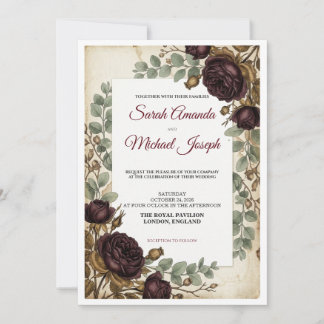 Elegante Invitación de Boda Vintage Floral Borgoña