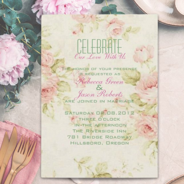 elegante invitación de boda vintage floral rosa (elegant Pink rose Floral vintage wedding invite)