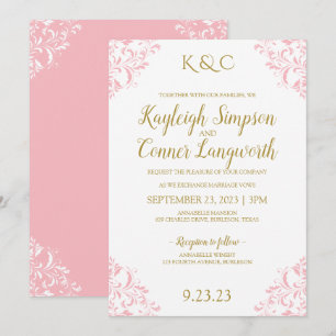 Elegante Invitación de Boda Vintage   Rosa y Dorad