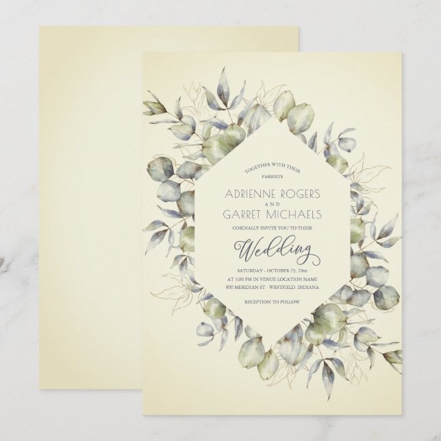 Elegante invitación de bodas de eucalipto de otoño (Anverso / Reverso)
