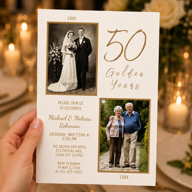 Elegante Invitación de Bodas de Oro de 50 años en  (Elegant ivory and gold 50th anniversary invitation with warm candlelight romance)