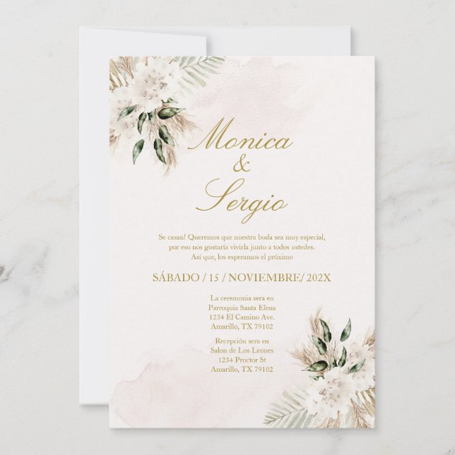 Elegante invitación de bodas de pampa beige en esp (Anverso)