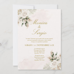Elegante invitación de bodas de pampa beige en esp