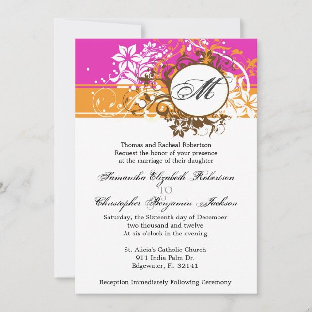 Elegante invitación de bodas en monograma rosado (Anverso)