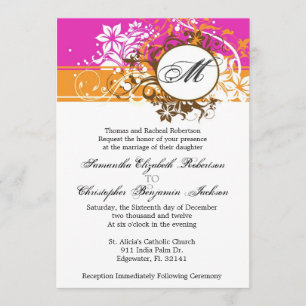 Elegante invitación de bodas en monograma rosado