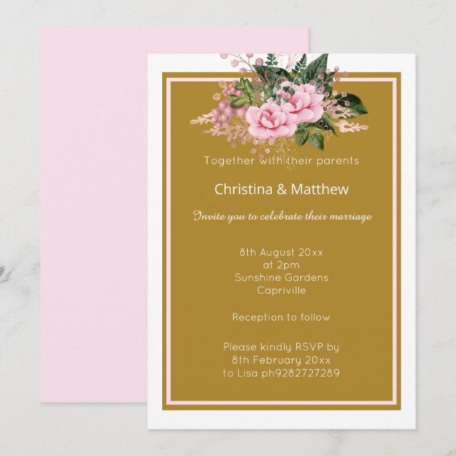 ELEGANTE INVITACIÓN DE BODAS FLORAL ROSA ORO MODER (Anverso / Reverso)