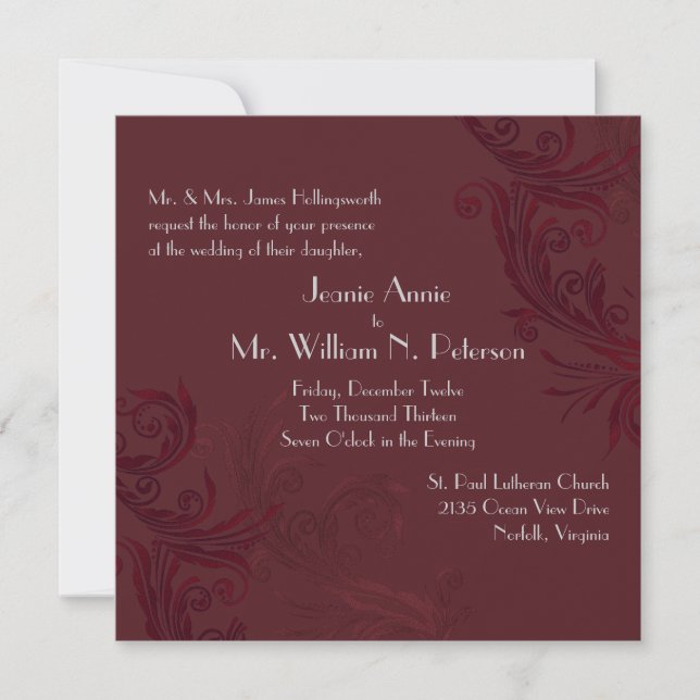 Elegante invitación de bodas floridas de Borgoña (Anverso)