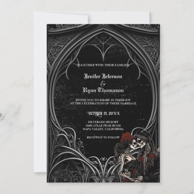 Elegante invitación de bodas góticas de Halloween (Anverso)