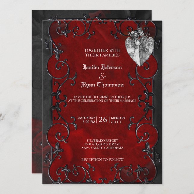 Elegante invitación de bodas góticas de Halloween (Anverso / Reverso)