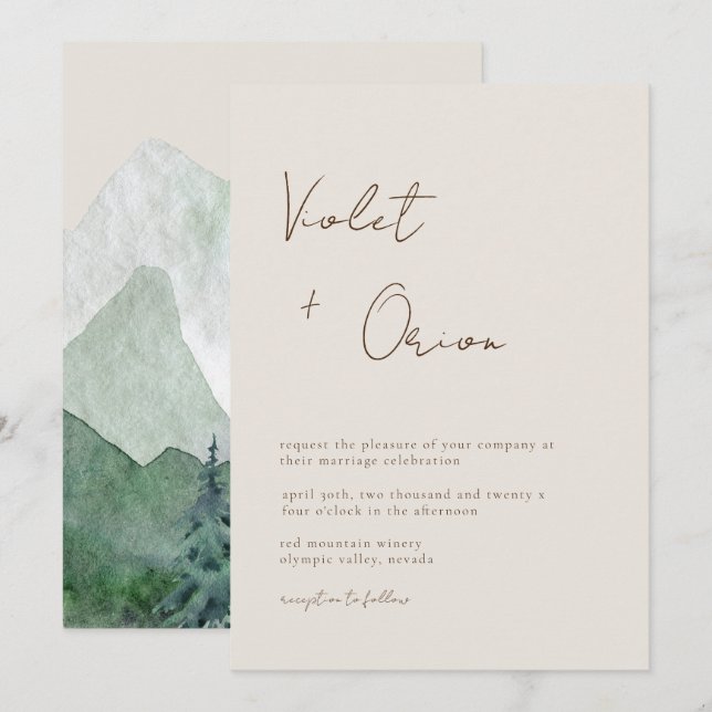 Elegante invitación de bodas para montañas manuscr (Anverso / Reverso)