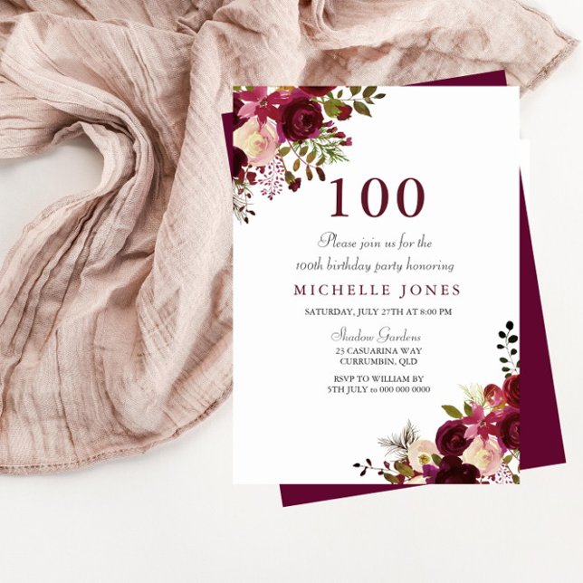Elegante invitación de Borgoña Floral 100 cumpleañ (Subido por el creador)